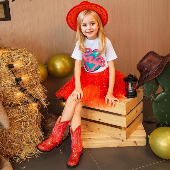 Unisex Child Red Mid Calf Glitter Toddler Cowboy Boot Little Big Kids Western - Picture 8 of 8